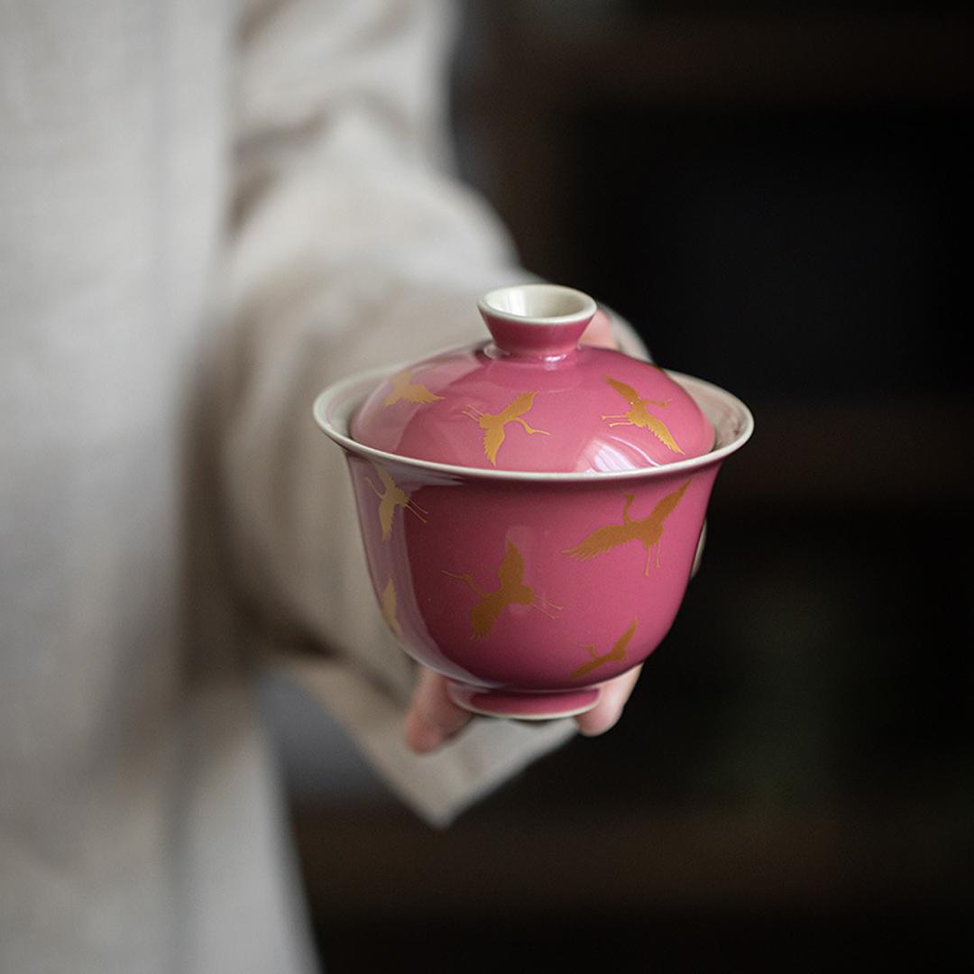 金彩絵付け 陶器 鶴の模様 赤釉 150ml 蓋碗 - China Tea Spirit
