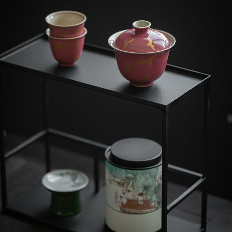 439-6 Gilt Painting Ceramic Crane Pattern Red Glaze 150ml Gaiwan