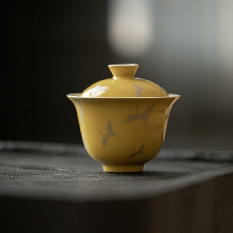 442-12 Gilt Silver Ceramic Crane Pattern Yellow Glaze 150ml Gaiwan