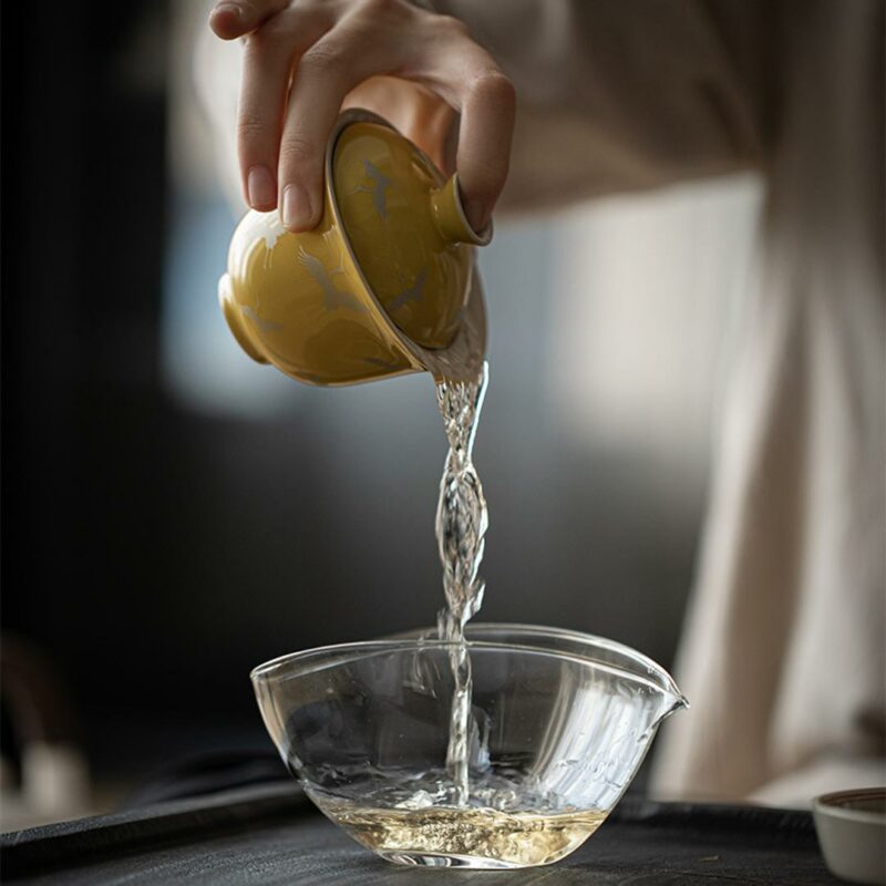 442-14 Gilt Silver Ceramic Crane Pattern Yellow Glaze 150ml Gaiwan