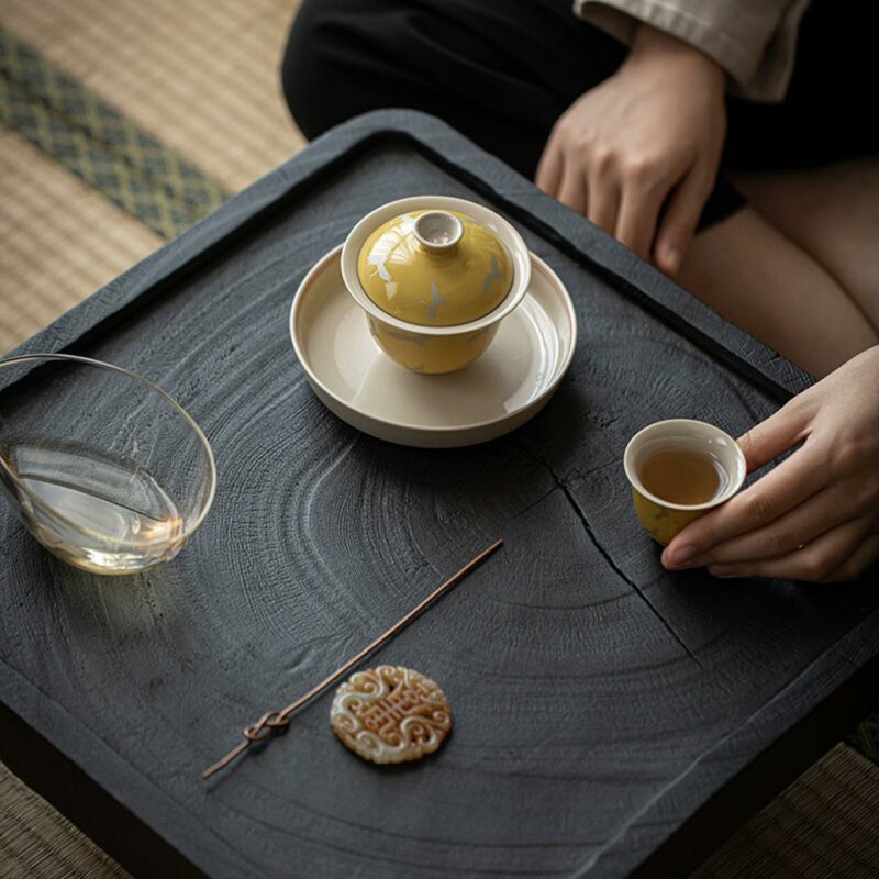 442-9 Gilt Silver Ceramic Crane Pattern Yellow Glaze 150ml Gaiwan