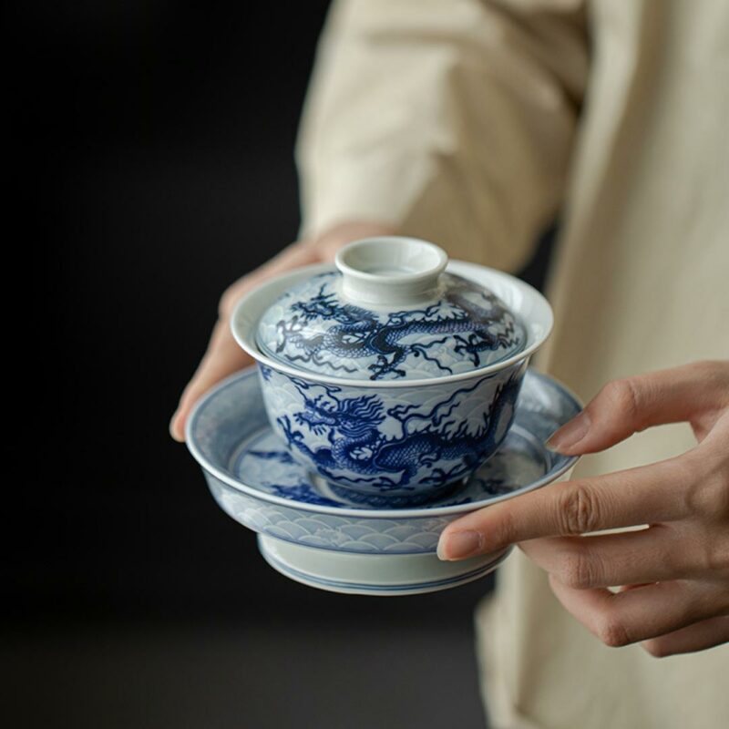 446-10 Qinghua Ceramic Chinese Dragon Pattern 200ml Gaiwan