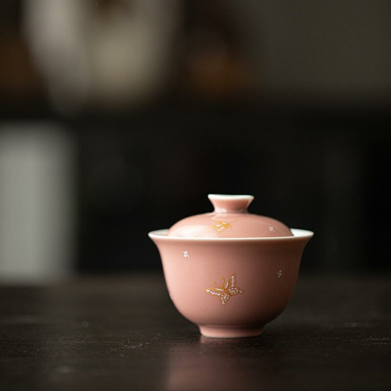 453-1 Gilt Painting Ceramic Pink Glaze Butterfly 130ml Gaiwan