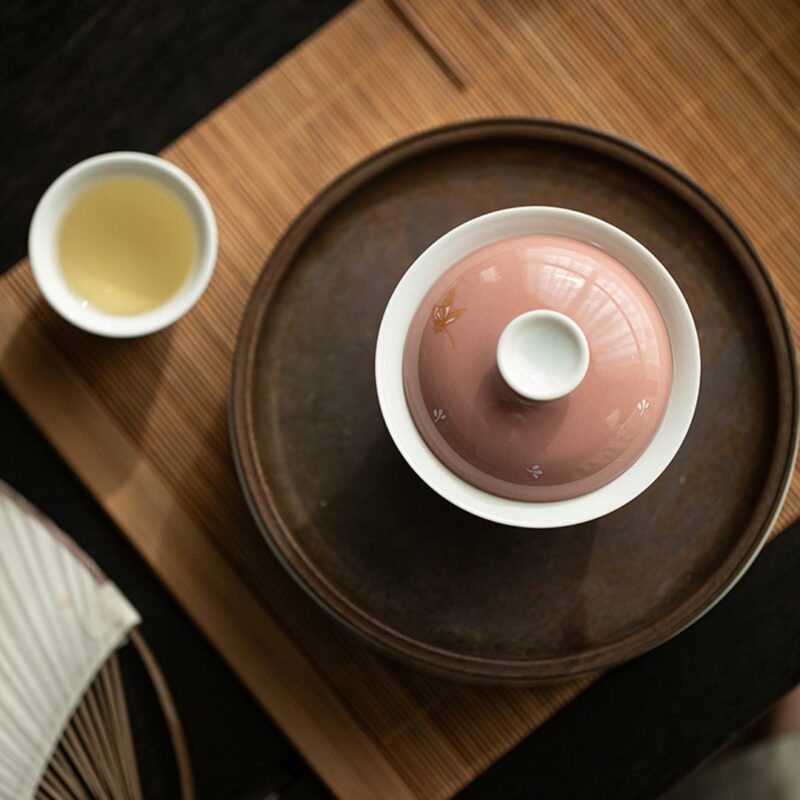 453-3 Gilt Painting Ceramic Pink Glaze Butterfly 130ml Gaiwan