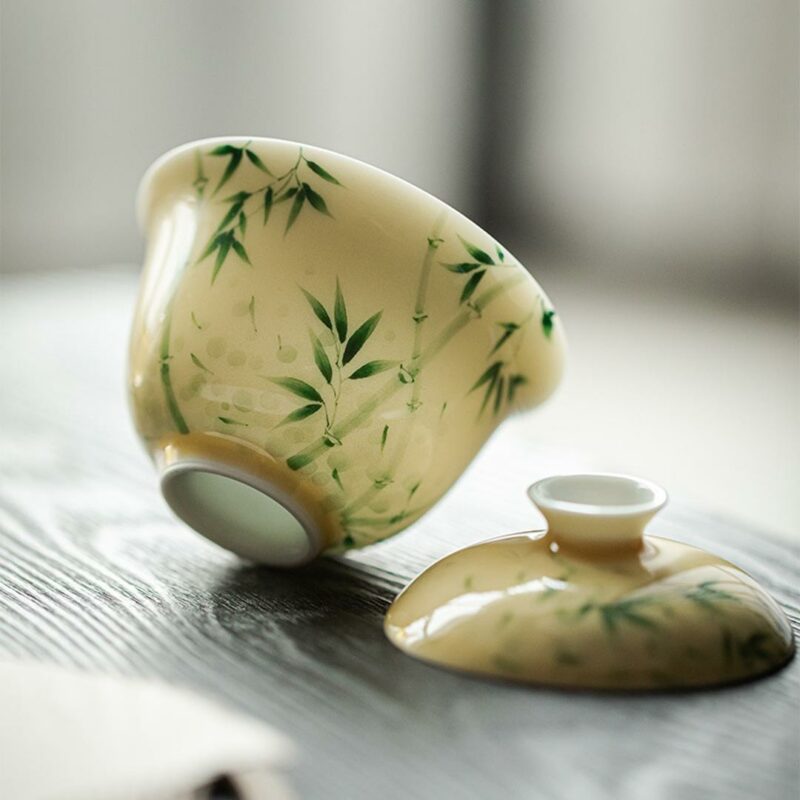 455-12 Hand painted Ceramic Yellow Glaze Bamboo 140ml Gaiwan