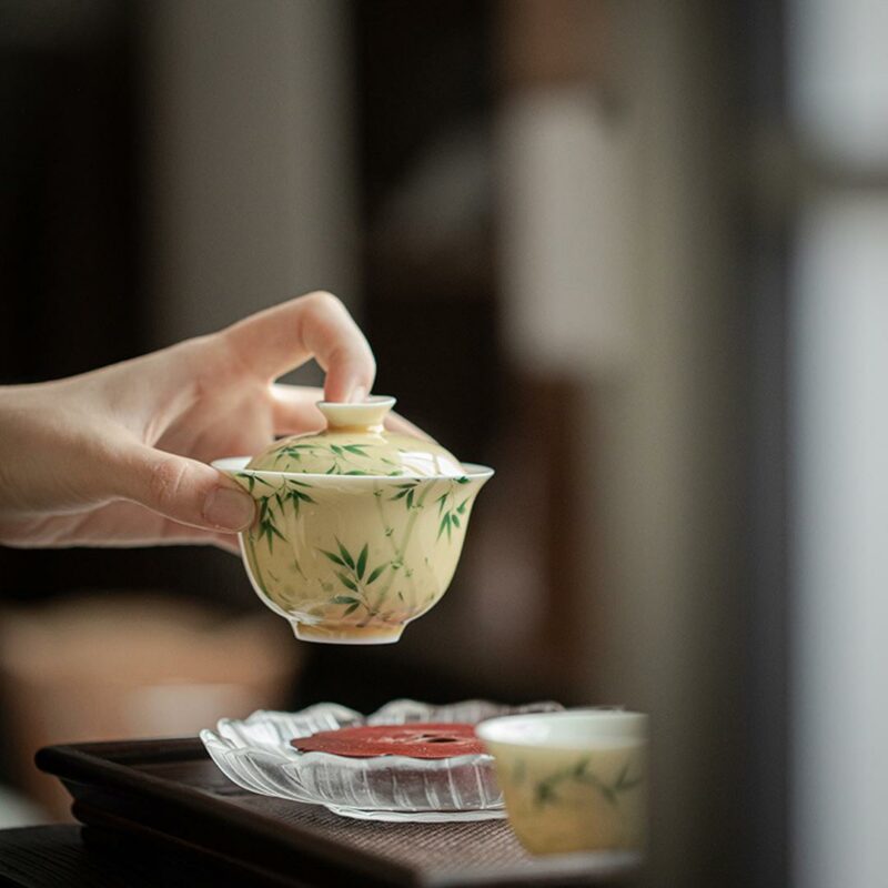 455-7 Hand painted Ceramic Yellow Glaze Bamboo 140ml Gaiwan