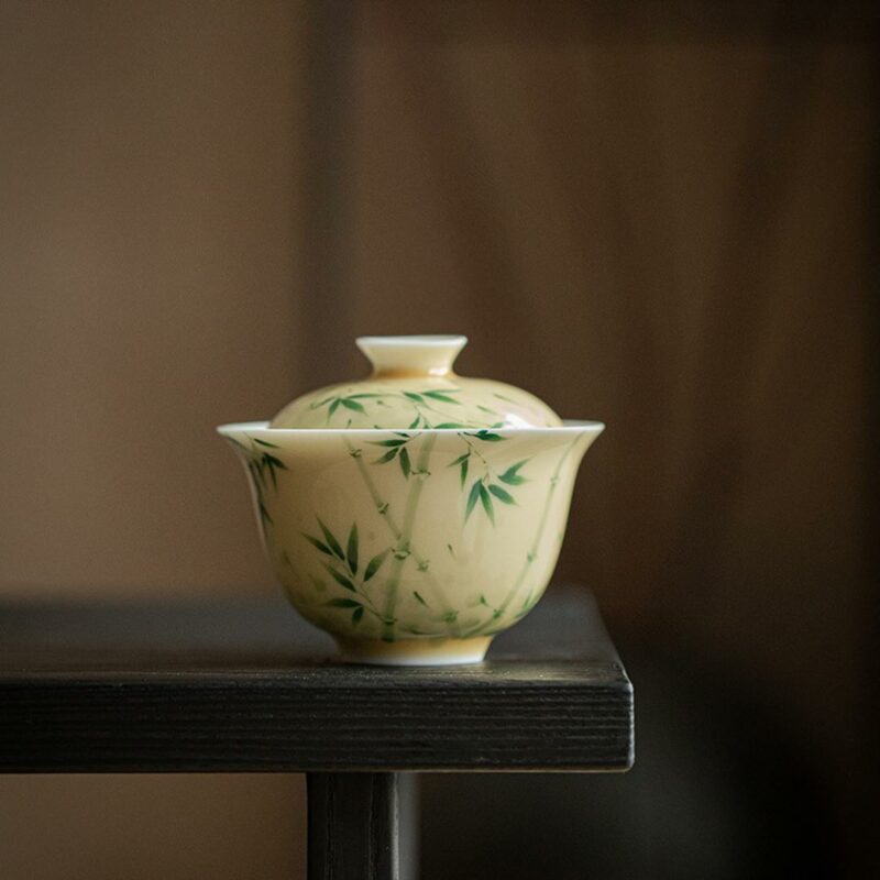455-9 Hand painted Ceramic Yellow Glaze Bamboo 140ml Gaiwan