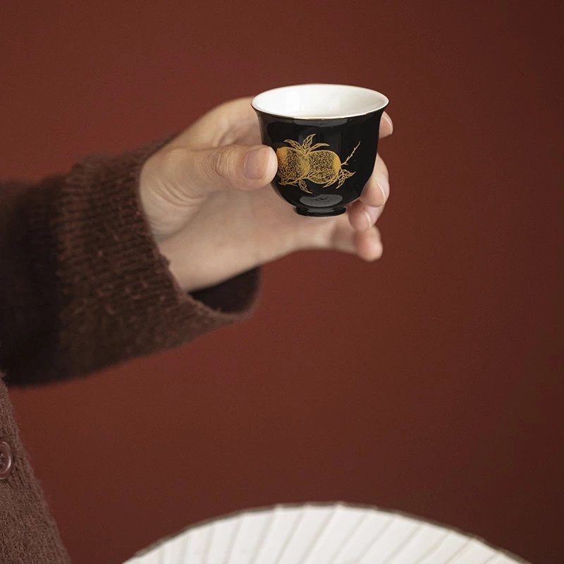 Gilt Painting Ceramic Black Glaze Peach 110ml Gaiwan