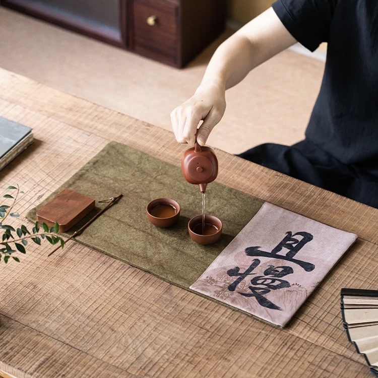 Tie-dye Chinese Style Fabric Calligraphy Tea Table Cloth (6) Tie-dye Chinese Style Fabric Calligraphy Tea Mat