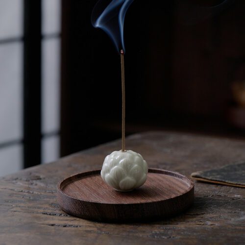 Vintage Ceramic Lotus Incense Holder (1) Vintage Ceramic Lotus Incense Holder With Wood Tray