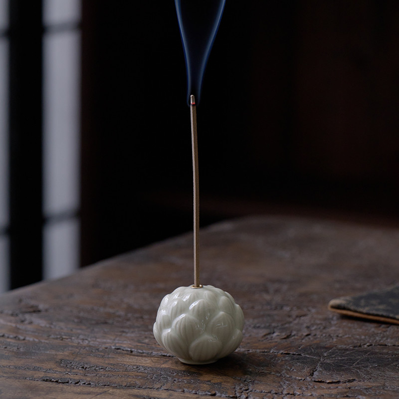 Vintage Ceramic Lotus Incense Holder With Wood Tray