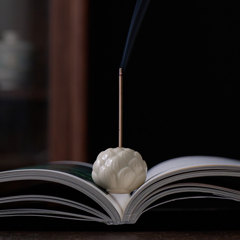 Vintage Ceramic Lotus Incense Holder With Wood Tray