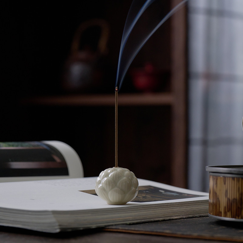 Vintage Ceramic Lotus Incense Holder With Wood Tray