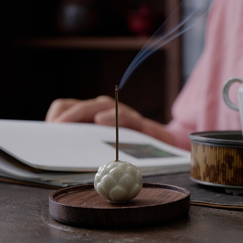 Vintage Ceramic Lotus Incense Holder With Wood Tray