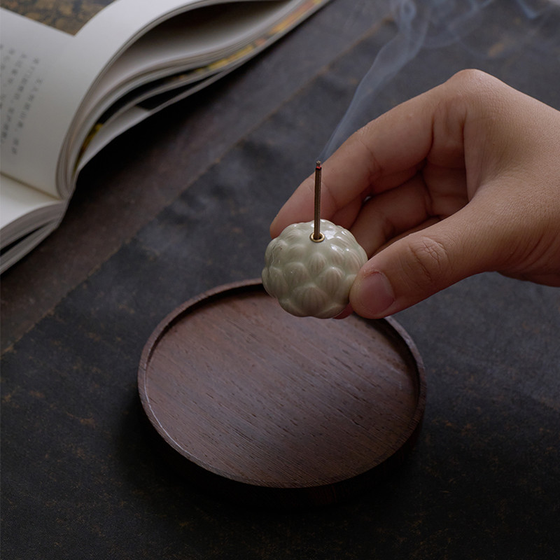 Vintage Ceramic Lotus Incense Holder With Wood Tray