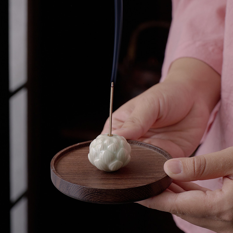 Vintage Ceramic Lotus Incense Holder With Wood Tray