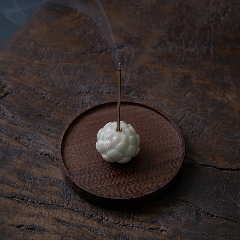 Vintage Ceramic Lotus Incense Holder With Wood Tray