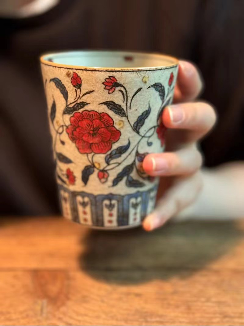 Handmade Ceramic Red Camellia Blossom 280ml Tea Cola Coffee Cup