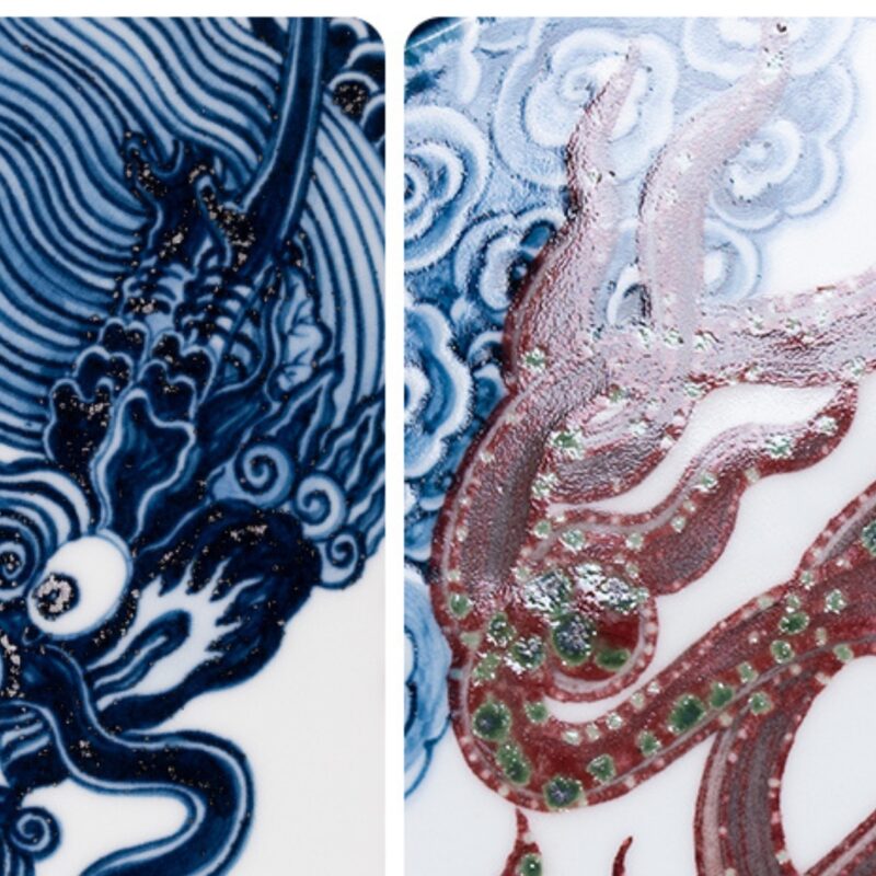 29 Handmade Qinghua Ceramic Crimson Dragon Surging Chinese Tea Tray