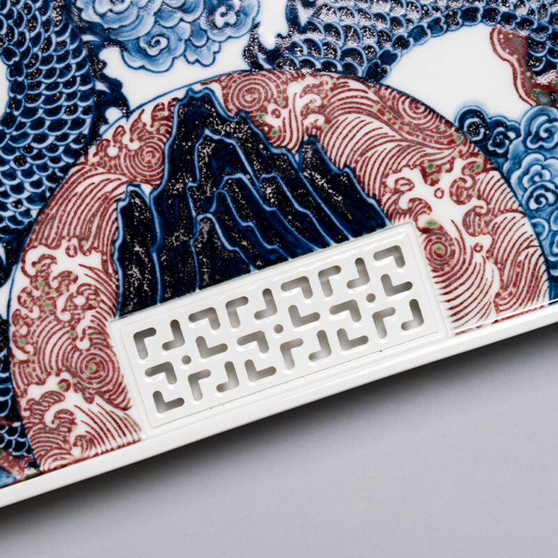32 Handmade Qinghua Ceramic Crimson Dragon Surging Chinese Tea Tray