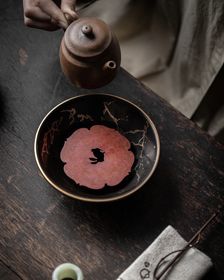 629-2 Vintage Ceramic Black Glaze Tea Boat With Copper Stand