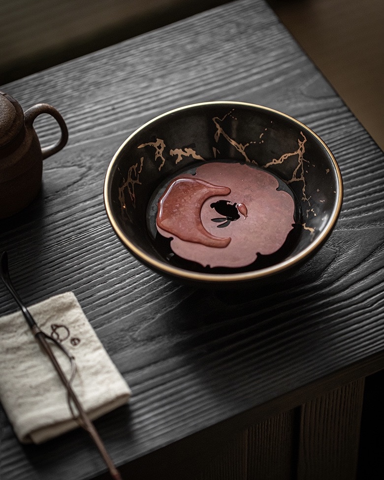 629-7 Vintage Ceramic Black Glaze Tea Boat With Copper Stand