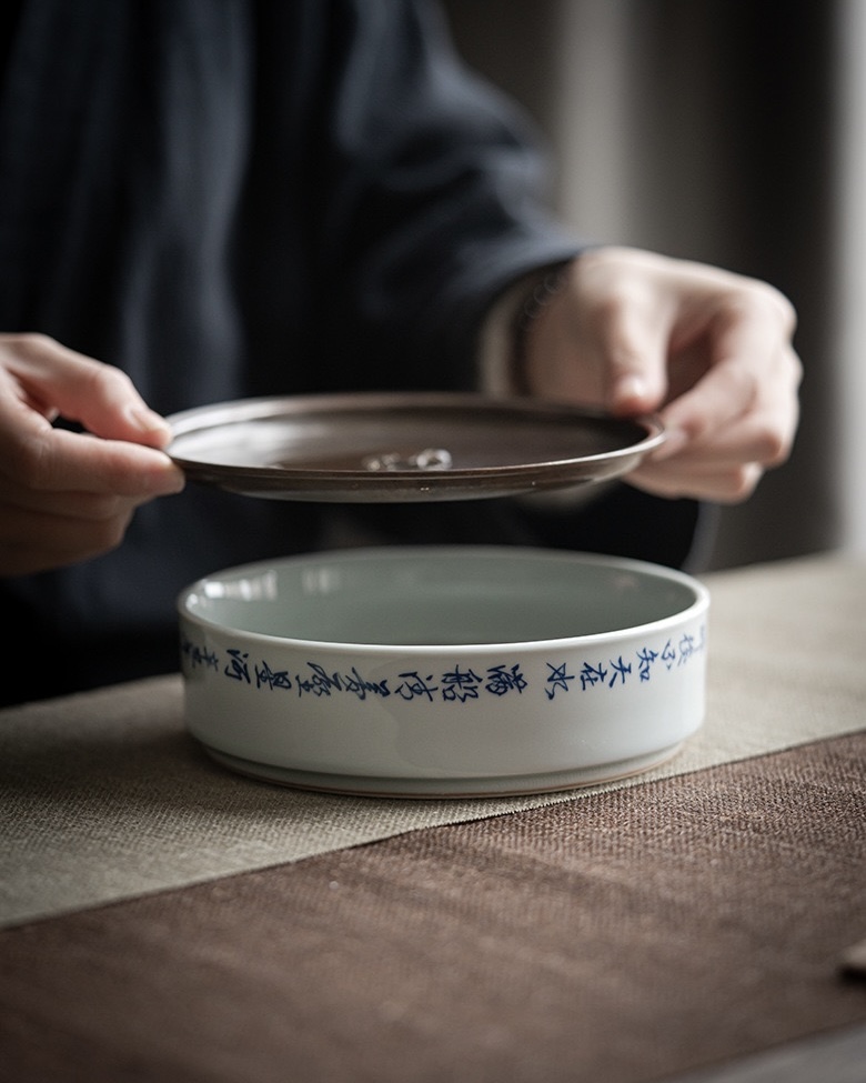 Vintage Ceramic Blue and White Calligraphy Tea Boat