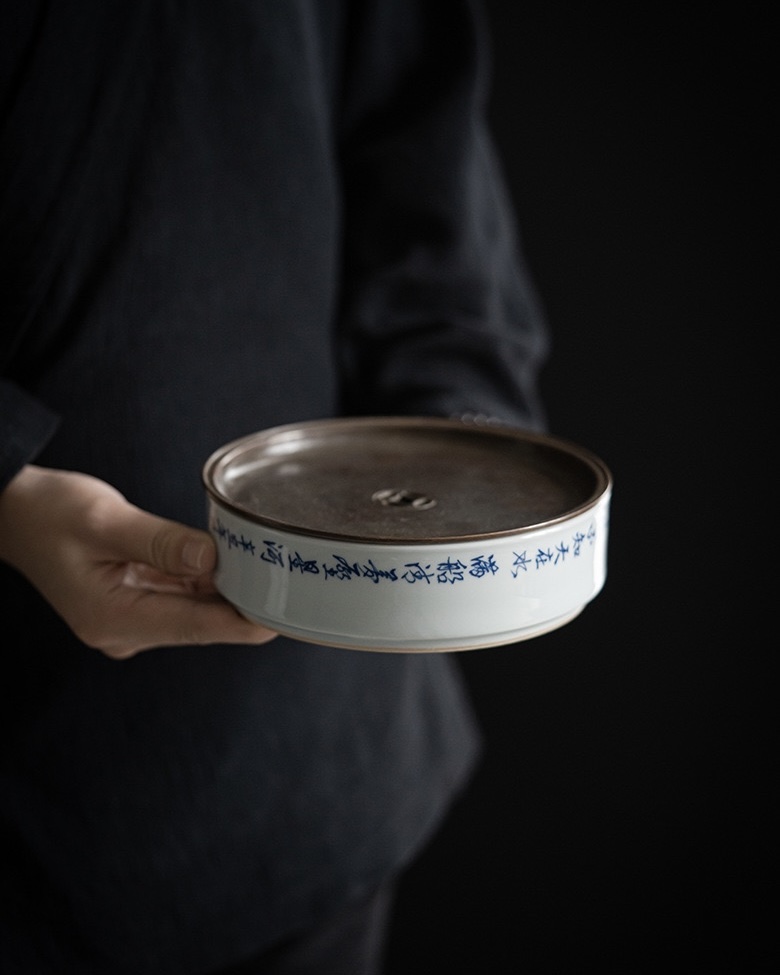 Vintage Ceramic Blue and White Calligraphy Tea Boat