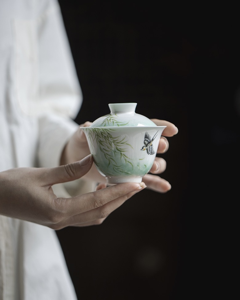 Emerald Green Ceramic Swallows and Willows 125ml Gaiwan