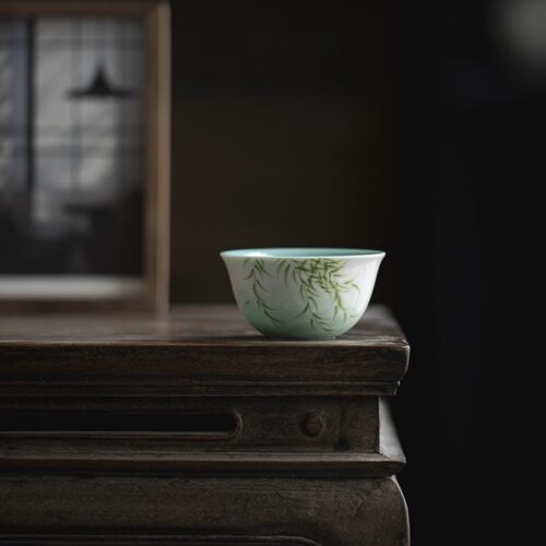 636-1 Emerald Green Ceramic Swallows and Willows 60ml Host Tea Cup