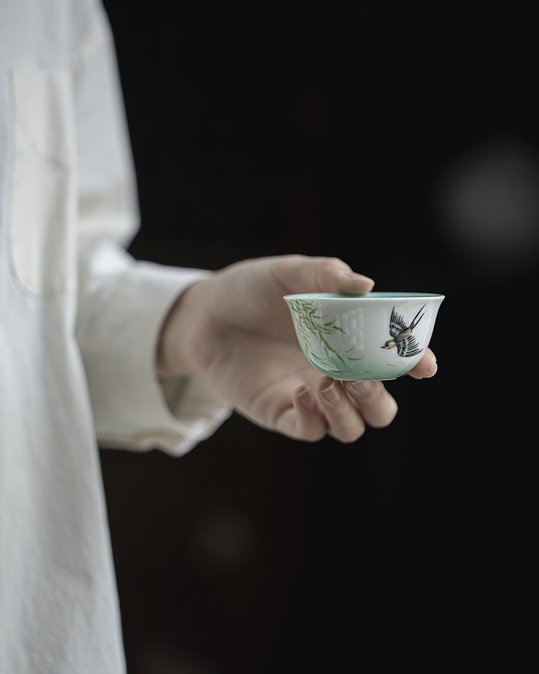 636-6 Emerald Green Ceramic Swallows and Willows 60ml Host Tea Cup