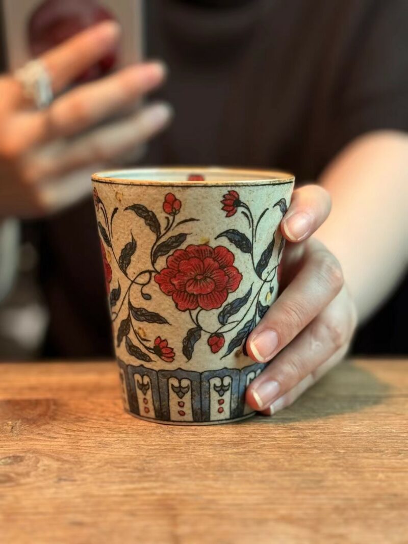 Handmade Ceramic Red Camellia Blossom 280ml Tea Cola Coffee Cup