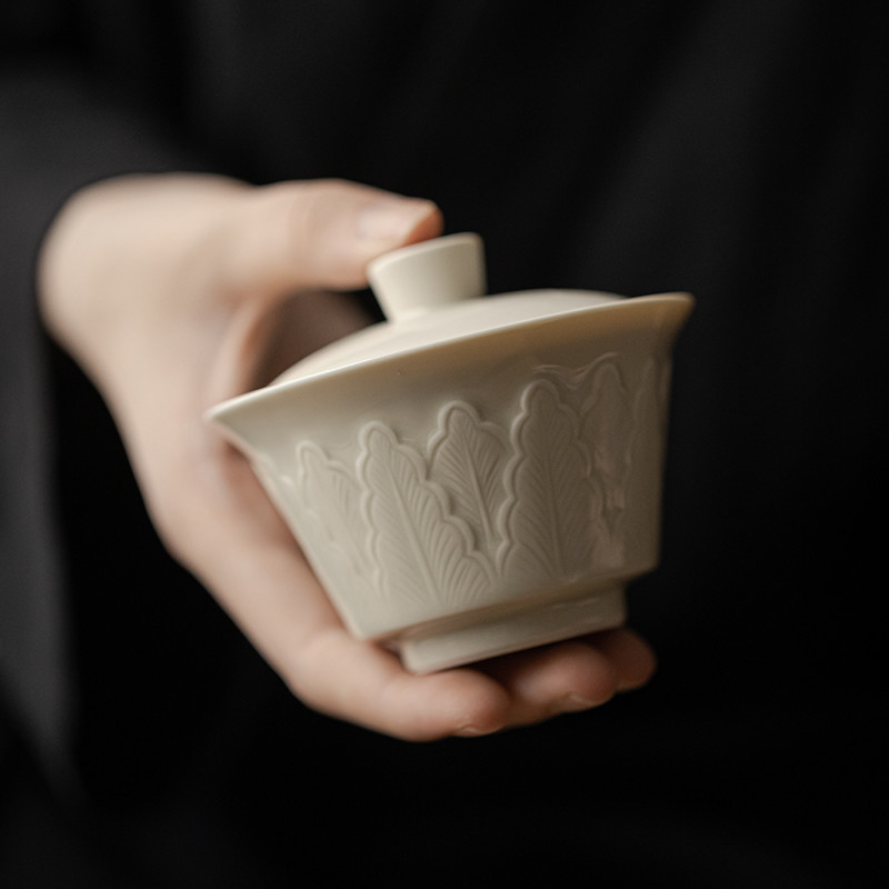 Ding-Ware-Relief-Sculpture-Ceramic-Banana-Leaves-130ml-Gaiwan-2 Ding Ware Relief Sculpture Ceramic Banana Leaves 130ml Gaiwan