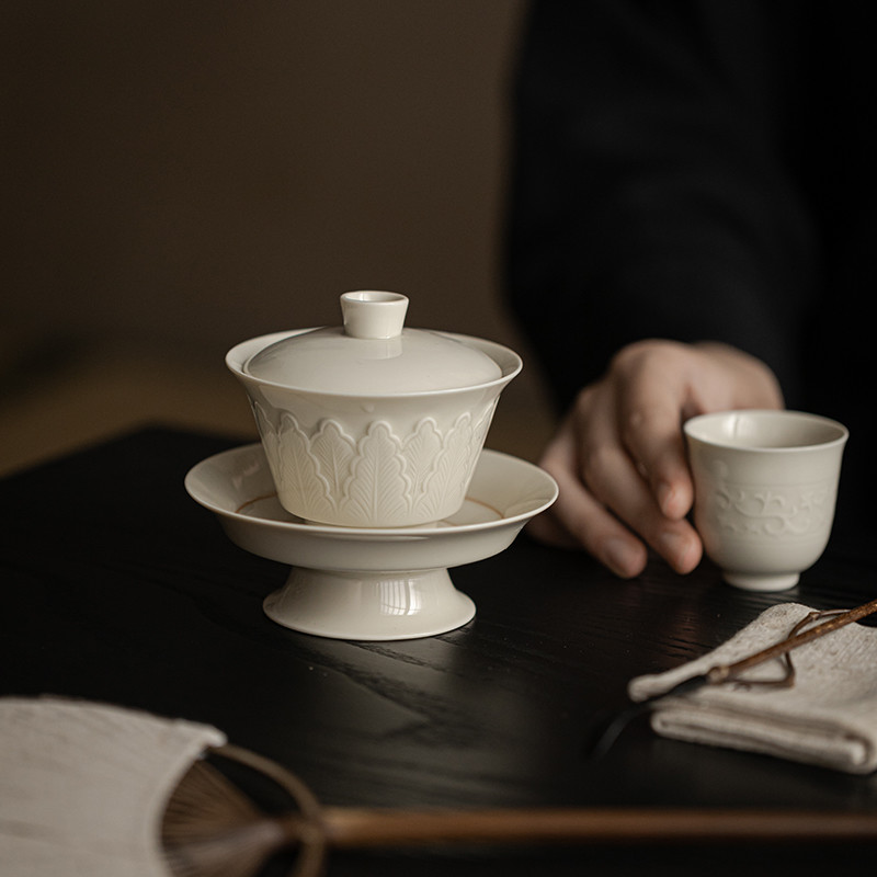 Ding-Ware-Relief-Sculpture-Ceramic-Banana-Leaves-130ml-Gaiwan-9 Ding Ware Relief Sculpture Ceramic Banana Leaves 130ml Gaiwan