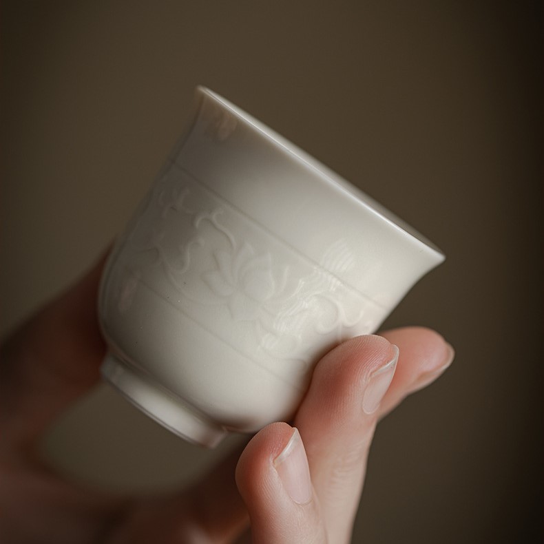 Ding Ware Relief Sculpture Ceramic Twisted Lotus 50ml Tea Cup