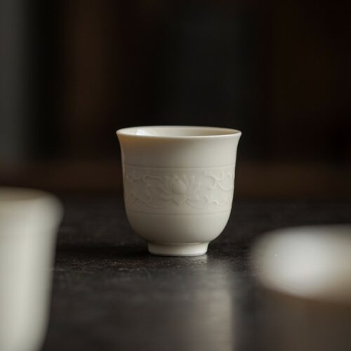 Ding-Ware-Relief-Sculpture-Ceramic-Twisted-Lotus-50ml-Gaiwan-7 Ding Ware Relief Sculpture Ceramic Twisted Lotus 50ml Tea Cup