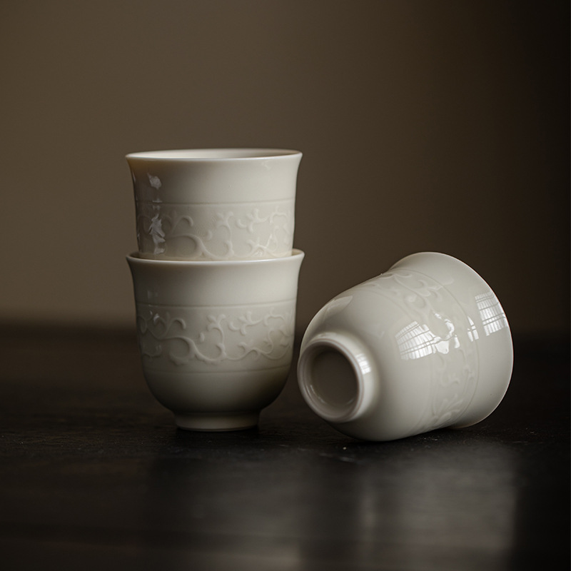 Ding Ware Relief Sculpture Ceramic Twisted Lotus 50ml Tea Cup