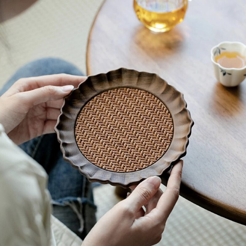 Elegant-Walnut-Wood-Rattan-Woven-Tea-Boat-3 Elegant Walnut Wood Rattan Woven Tea Boat
