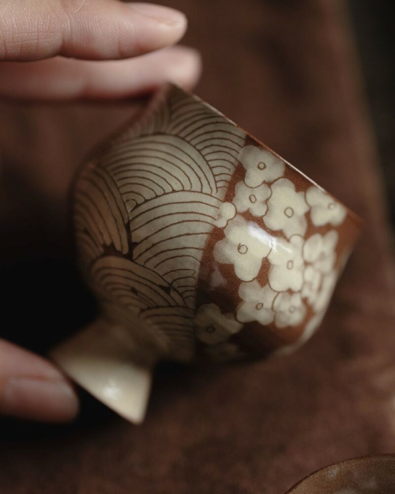 Hand-painted-Ceramic-Flower-and-Growth-Ring-Host-Tea-Cup-3 Hand-painted Ceramic Flower and Growth Ring Host Tea Cup