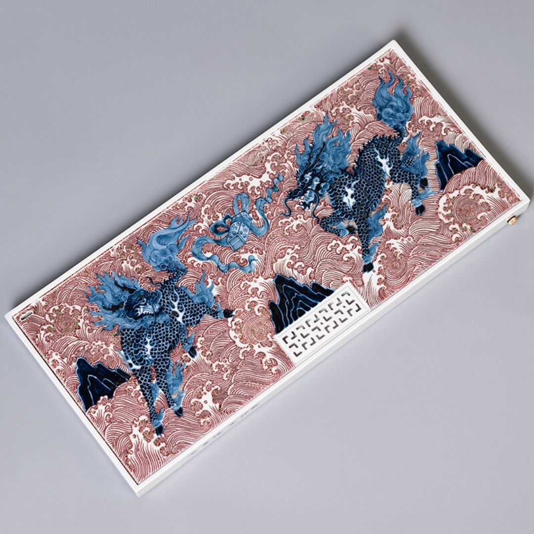 Handmade ceramic tea tray decorated with an underglaze red Qilin
