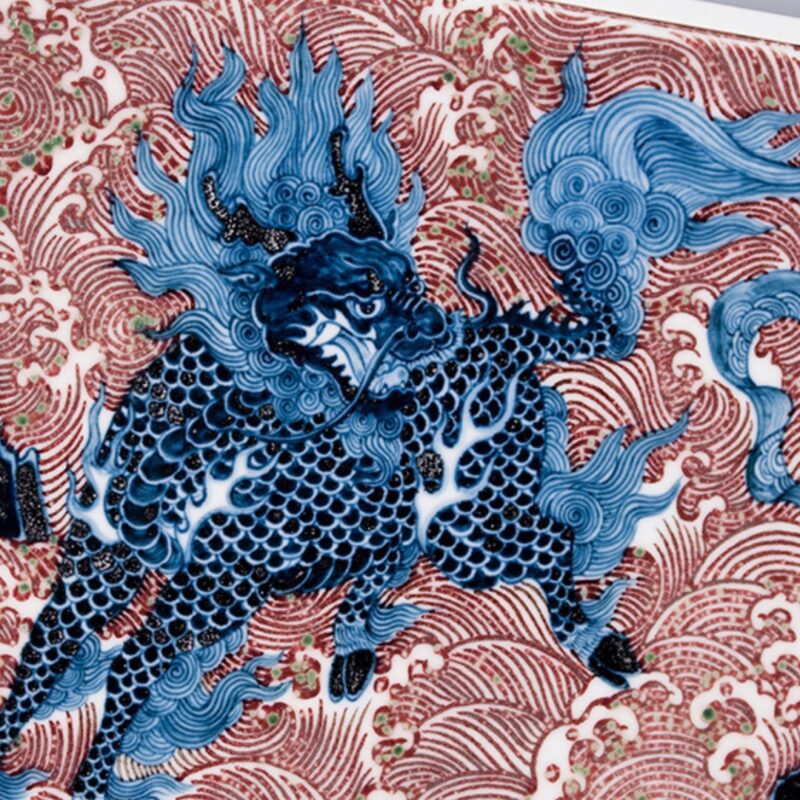 Handmade Ceramic Underglaze Red Qilin Chinese Tea Tray (3) Handmade Ceramic Underglaze Red Qilin Chinese Tea Tray