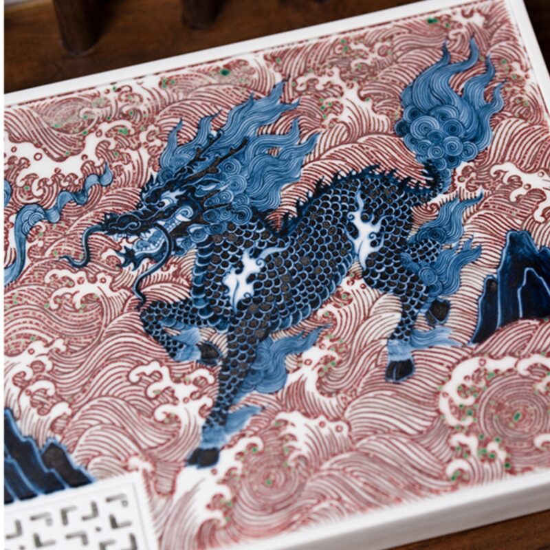 Handmade Ceramic Underglaze Red Qilin Chinese Tea Tray (7) Handmade Ceramic Underglaze Red Qilin Chinese Tea Tray