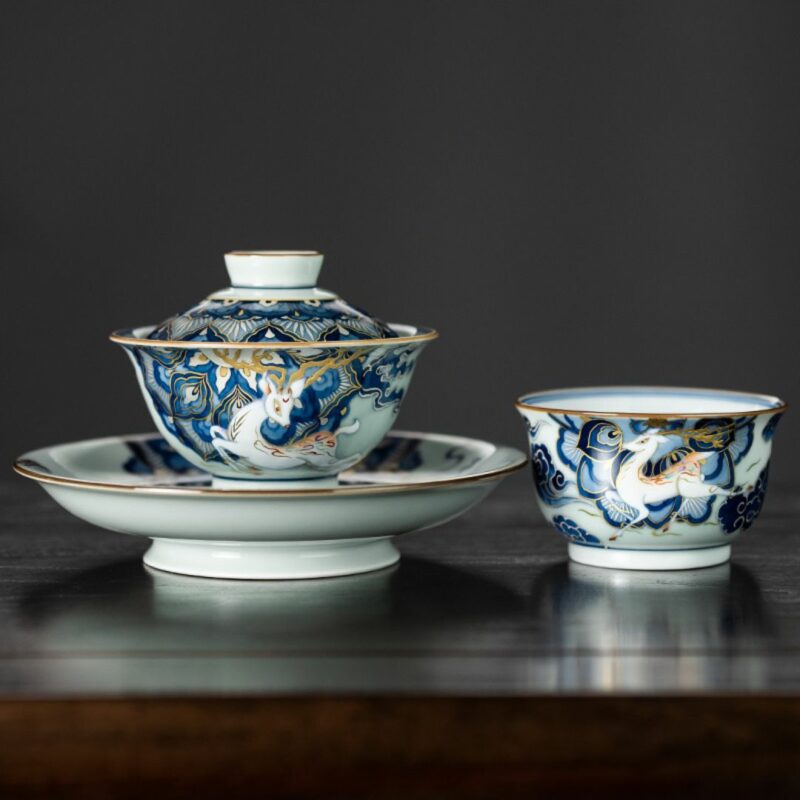 Handmade Dunhuang Art  Ceramic Fen Cai and Gold-Silver Inlaid Lotus and Deer 110ml Gaiwan