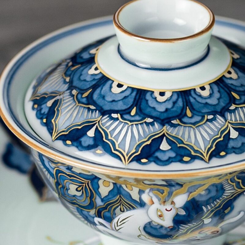 Handmade Dunhuang Art  Ceramic Fen Cai and Gold-Silver Inlaid Lotus and Deer 110ml Gaiwan