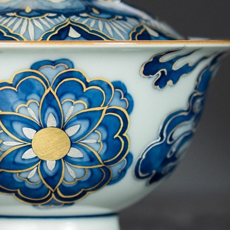 Handmade Dunhuang Art  Ceramic Fen Cai and Gold-Silver Inlaid Lotus and Deer 110ml Gaiwan
