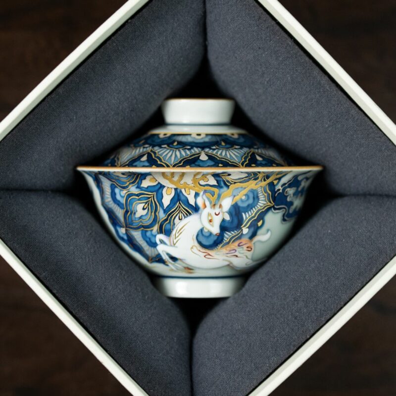 Handmade Dunhuang Art  Ceramic Fen Cai and Gold-Silver Inlaid Lotus and Deer 110ml Gaiwan