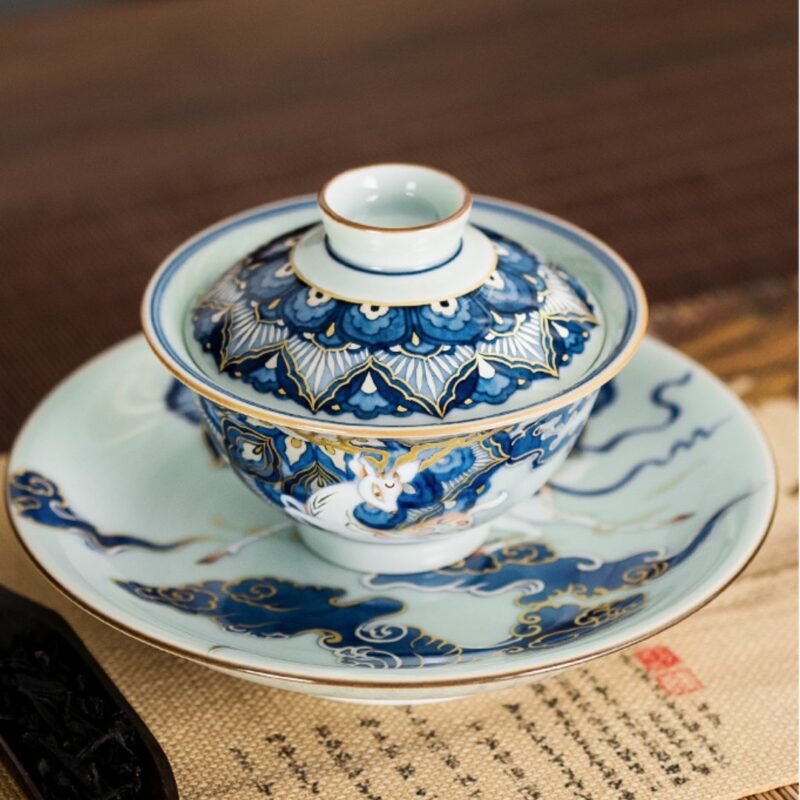 Handmade Dunhuang Art  Ceramic Fen Cai and Gold-Silver Inlaid Lotus and Deer 110ml Gaiwan