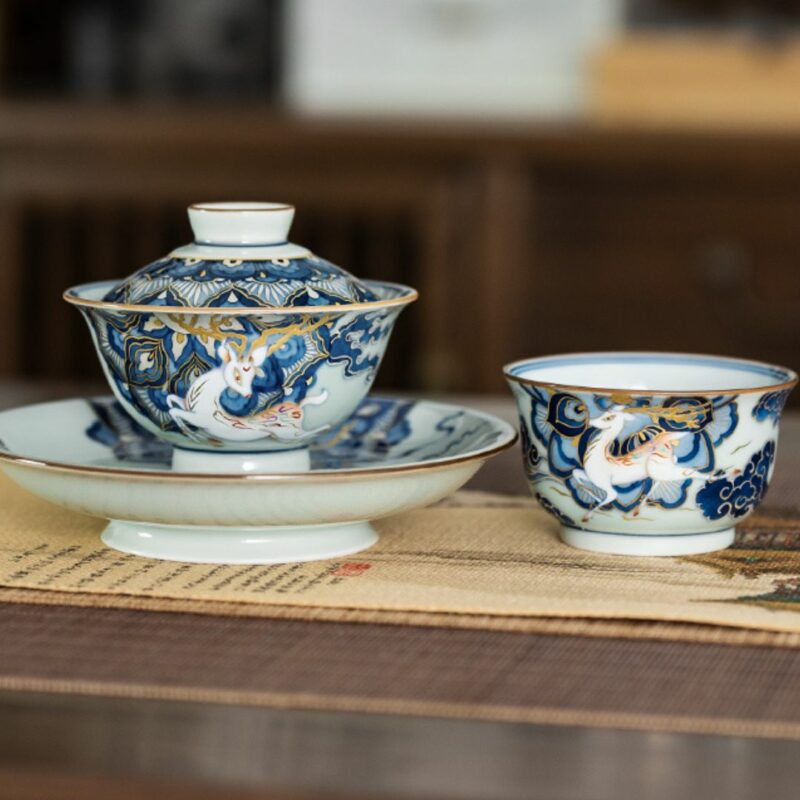 Handmade Dunhuang Art  Ceramic Fen Cai and Gold-Silver Inlaid Lotus and Deer 110ml Gaiwan
