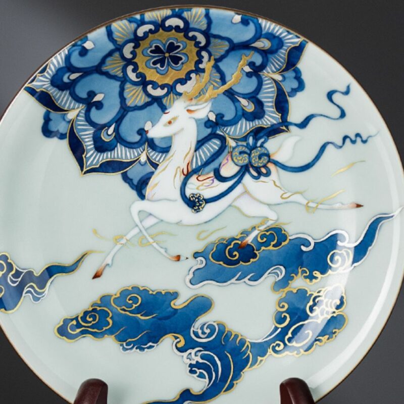 Handmade Dunhuang Art  Ceramic Fen Cai and Gold-Silver Inlaid Lotus and Deer 110ml Gaiwan