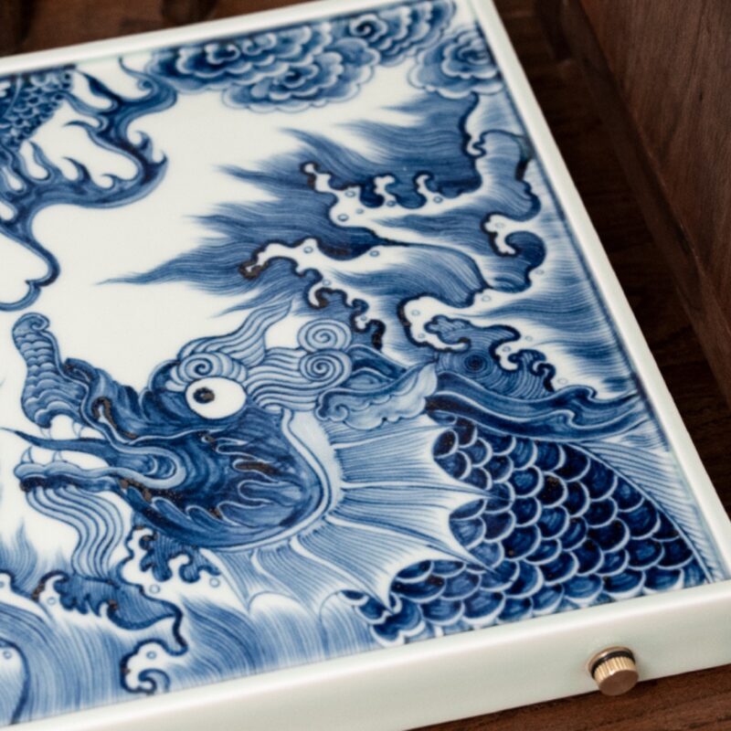 Handmade Yuan Qinghua with Dueling Dragons Chinese Tea Tray